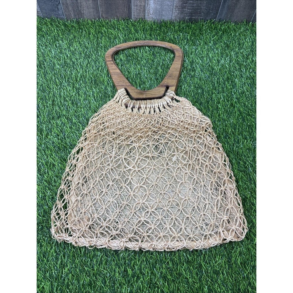 Vintage 70s Boho Straw Bag Wood Handle Handmade Philippines Coastal